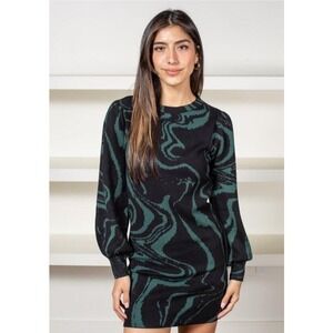 Lucy Paris Green Black Balloon Sleeve Mini Short Sweater Long Sleeve Dress Small
